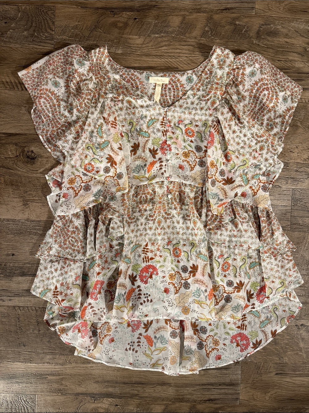 Matilda Jane Floral Ruffle Boho Blouse in White, Brown, Green, Coral
